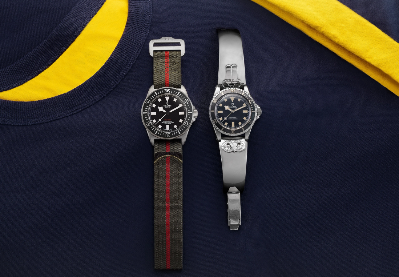 Two Tudor Pelagos FXD watches placed on a navy jumper