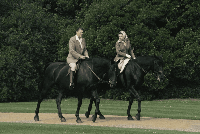 1982 - Queen Elizabeth and Ronald Regan riding in the grouds of Windsor Castle. The horses were gifts to the Queen from the Canadian Mounted Police. (Georges De Keerle : Getty Images)