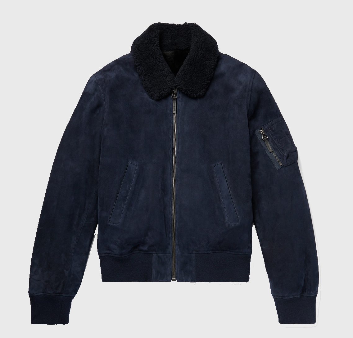 Yves Salmon Shearling-Lined Suede Down Bomber Jacket