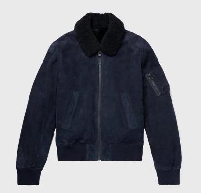 Yves Salmon Shearling-Lined Suede Down Bomber Jacket
