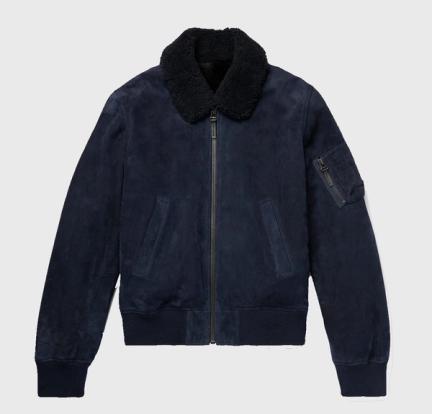 Yves Salmon Shearling-Lined Suede Down Bomber Jacket