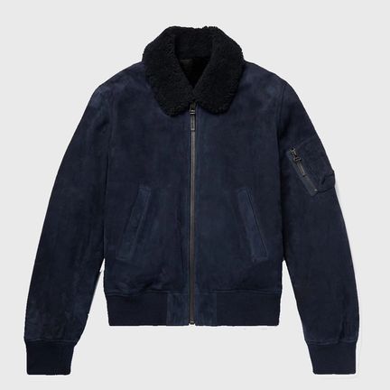 Yves Salmon Shearling-Lined Suede Down Bomber Jacket