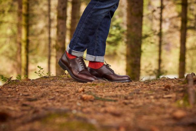 Man wearing Crockett & Jones Cornell shoes in Coffee Hurricane Hide around the Trossachs