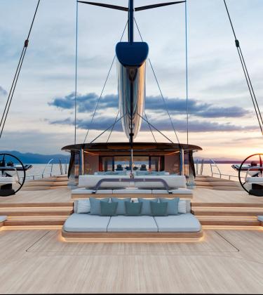 Straight-on view from the stern across the Swan Alloy 44’s deck. Rendering.