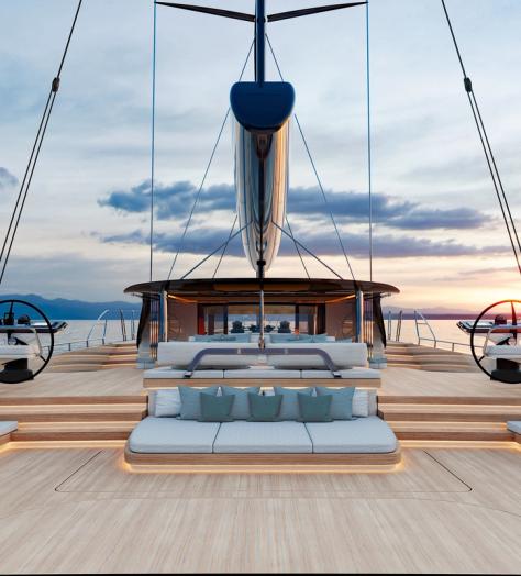 Straight-on view from the stern across the Swan Alloy 44’s deck. Rendering.