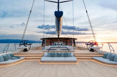 Straight-on view from the stern across the Swan Alloy 44’s deck. Rendering.
