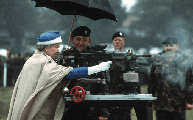 1993 - The Queen fires an SA80 assault rifle at the National Shooting Centre, Bisley. (Rex Features)