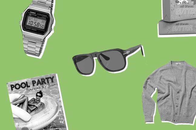 montage including a casio digital watch, butter, sunglasses, Cardigan, pool party magazine
