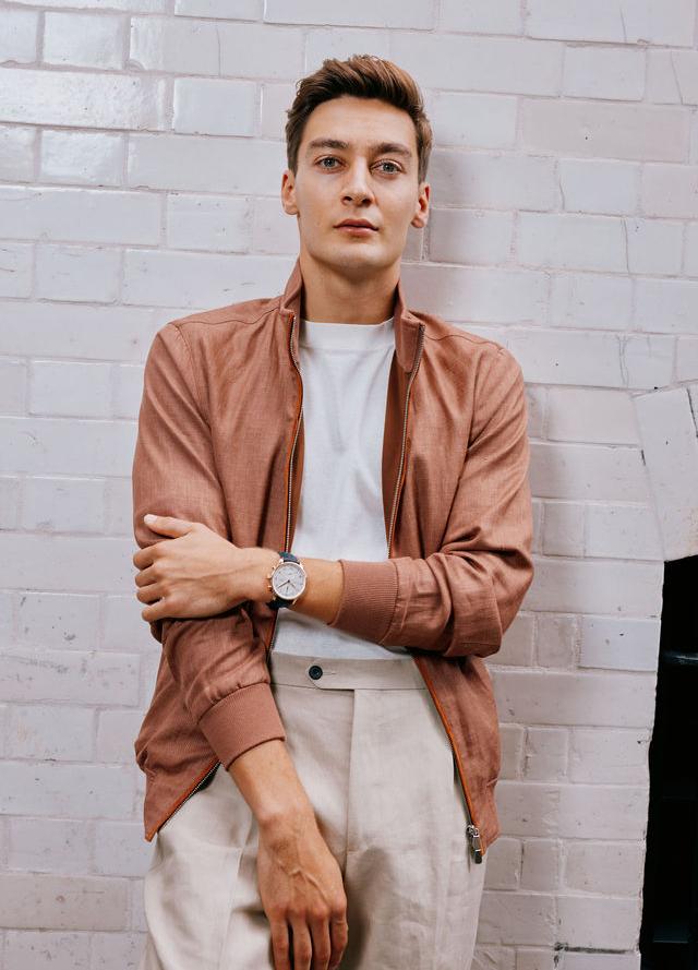 George Russell wears the IWC Portugieser Chronograph, Thom Sweeney with Edward Green shoes