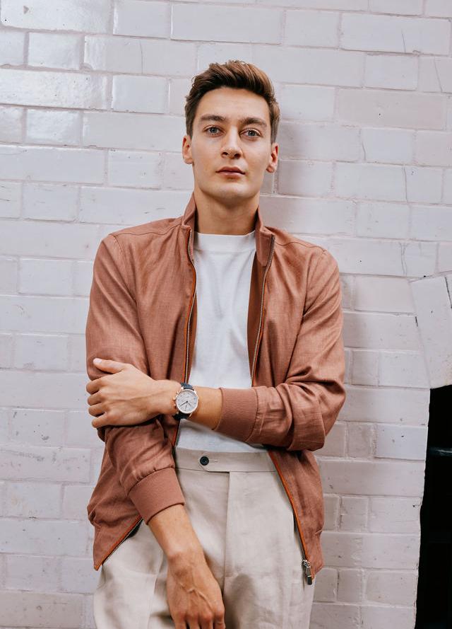 George Russell wears the IWC Portugieser Chronograph, Thom Sweeney with Edward Green shoes