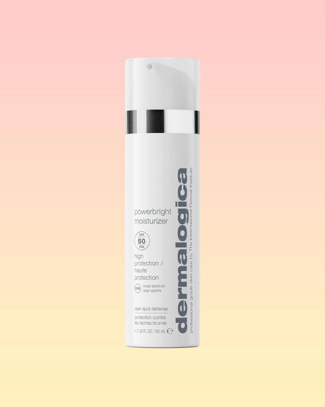 Dermalogica Powerbright Moisturizer SPF 50 bottle on a pink and yellow background