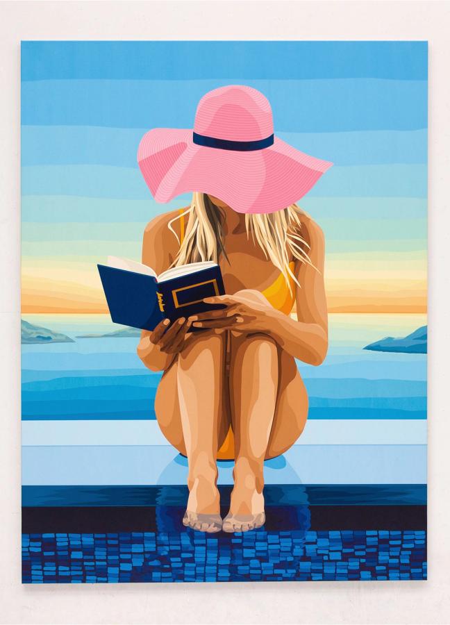 Will Martyr piece "She chose me" with a woman reading by the pool wearing a pink hat