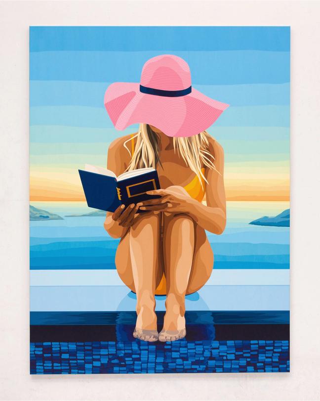 Will Martyr piece "She chose me" with a woman reading by the pool wearing a pink hat