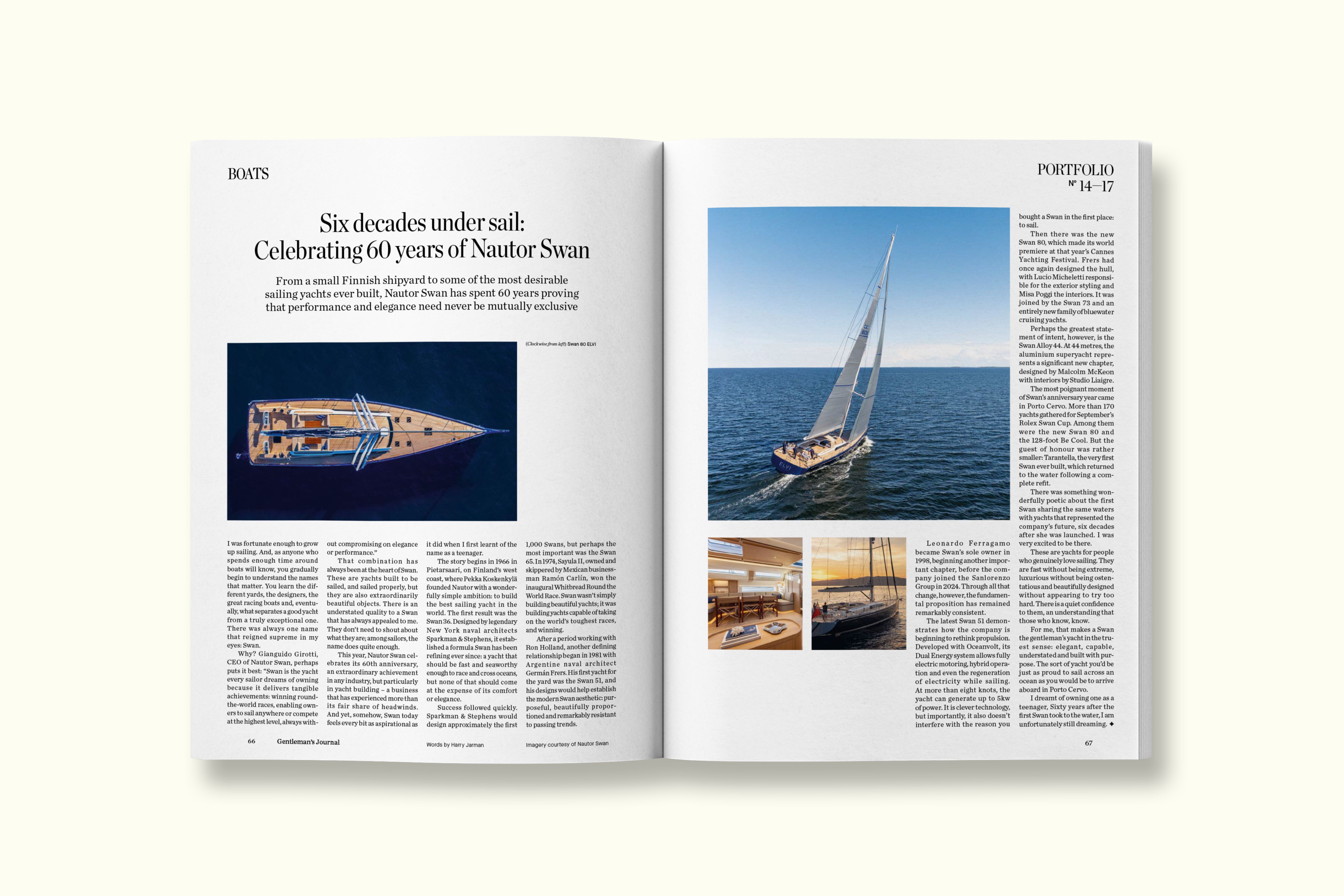 Doppia pagina di una rivista dedicata agli yacht Nautor Swan
