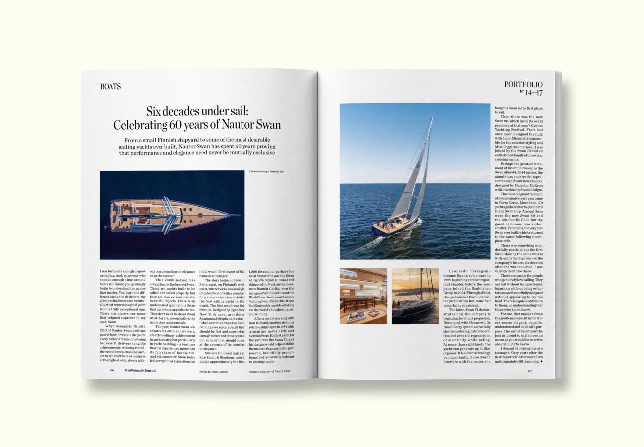 Doppia pagina di una rivista dedicata agli yacht Nautor Swan