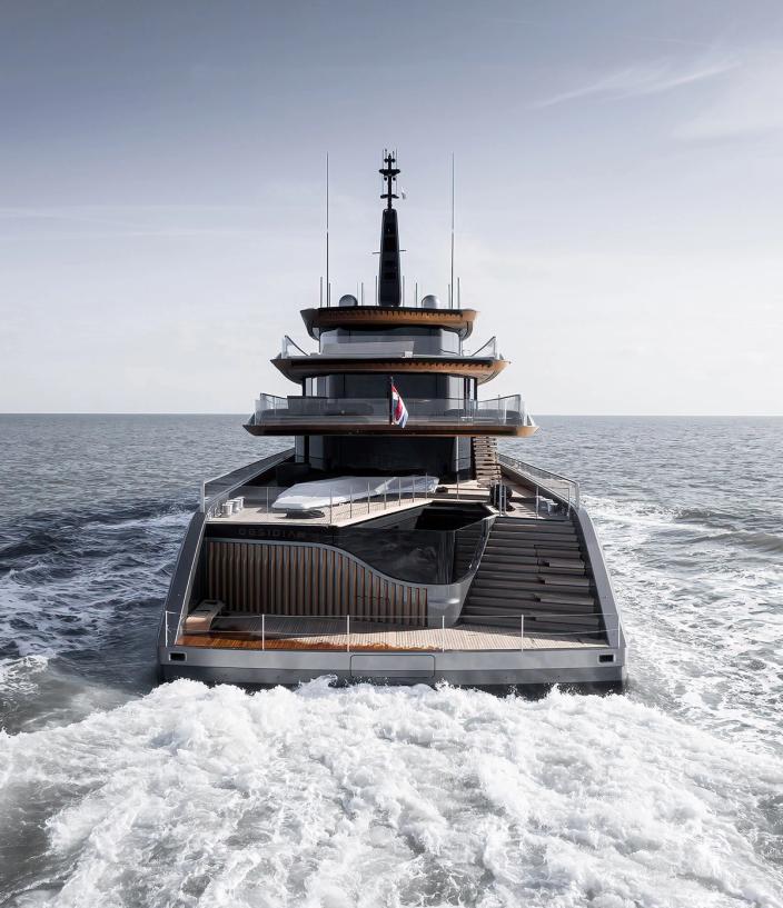 Rear shot of Obsidian the biofuel-powered superyacht out on the water
