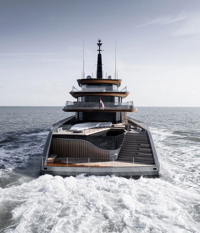 Rear shot of Obsidian the biofuel-powered superyacht out on the water