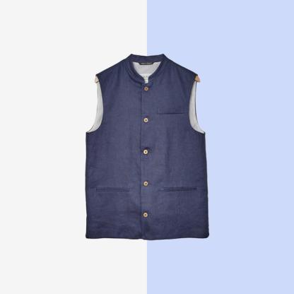Navy Linen Nehru Waistcoat by Sir Plus
