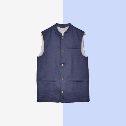 Navy Linen Nehru Waistcoat by Sir Plus
