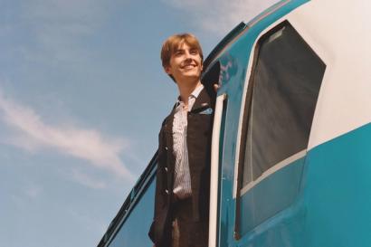 Francis Bourgeois leaning out of train door