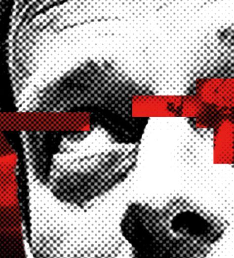 Black and white photo of Tony Hayward with black and red explosion collaged behind and over his right eye