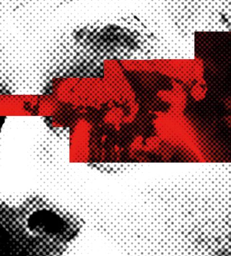 Black and white photo of Tony Hayward with black and red explosion collaged behind and over his right eye