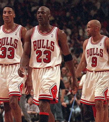 From left, Dennis Rodman, Scottie Pippen, Michael Jordan, Ron Harper and Toni Kukoc were big parts of Bulls teams that won three straight NBA titles from 1996 to 1998. Jordan and Pippen were members of the first "three-peat" team, which won titles from 1991 to 1993