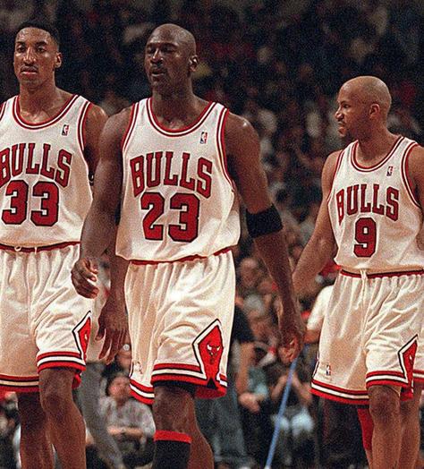 From left, Dennis Rodman, Scottie Pippen, Michael Jordan, Ron Harper and Toni Kukoc were big parts of Bulls teams that won three straight NBA titles from 1996 to 1998. Jordan and Pippen were members of the first "three-peat" team, which won titles from 1991 to 1993