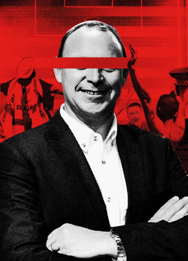 Black and white David Shepherd with black and red football fans celebrating in the background