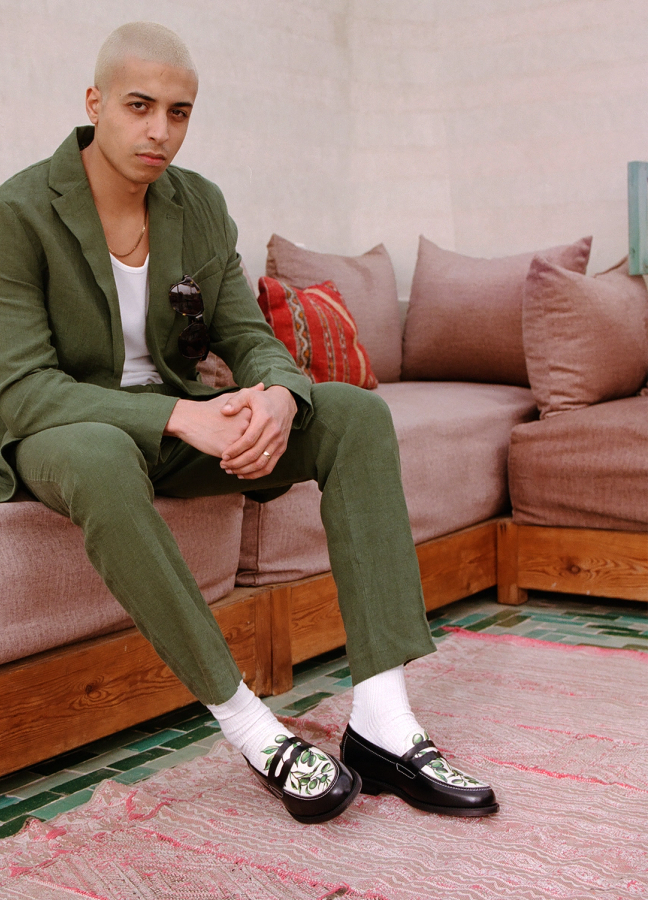 Duke and Dexter Wilde Olive printed loafer on a model