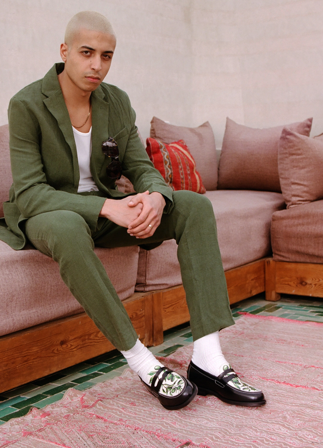 Duke and Dexter Wilde Olive printed loafer on a model