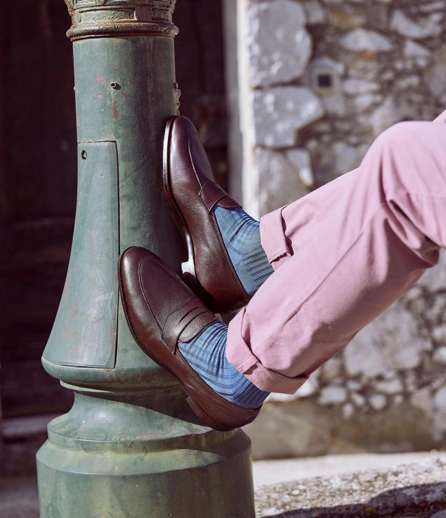 Man wearing Crockett and Jones Nice Dark Brown Milled Calf superflex Leather Sole Shoes