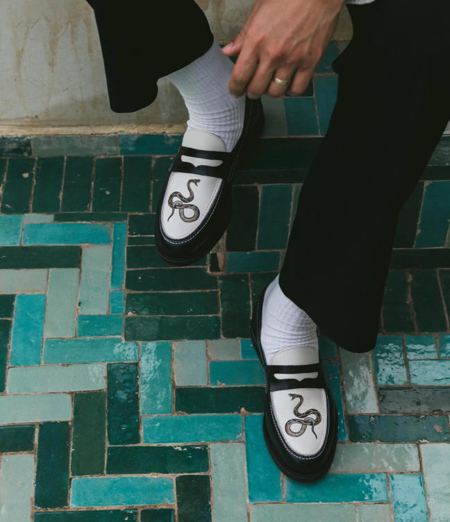 Duke and Dexter Wilde Snake printed loafer on a model's feet