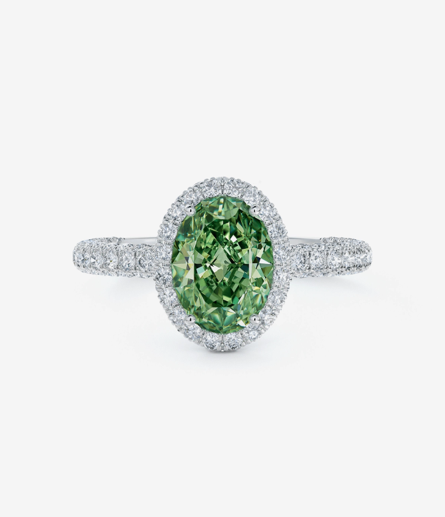 De Beer Aura fancy green oval-shaped diamond ring