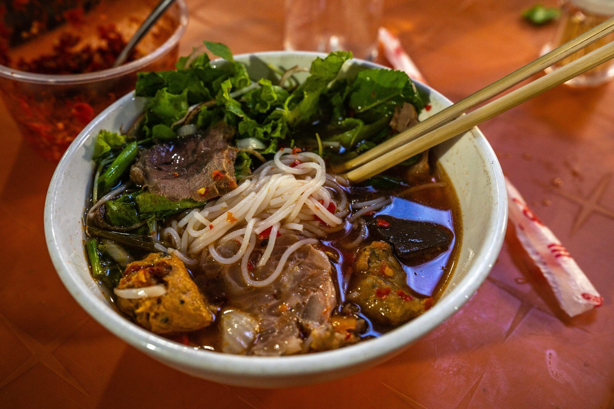 Bún bò Huế soup — Bún Bò Huế Kim Chau, Hue