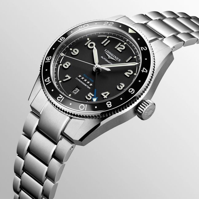 Longines Spirit Zulu Time watch at an angle with stainless steel bracelet