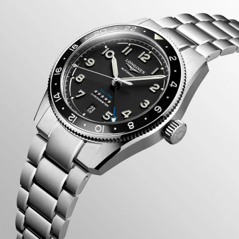 Longines Spirit Zulu Time watch at an angle with stainless steel bracelet