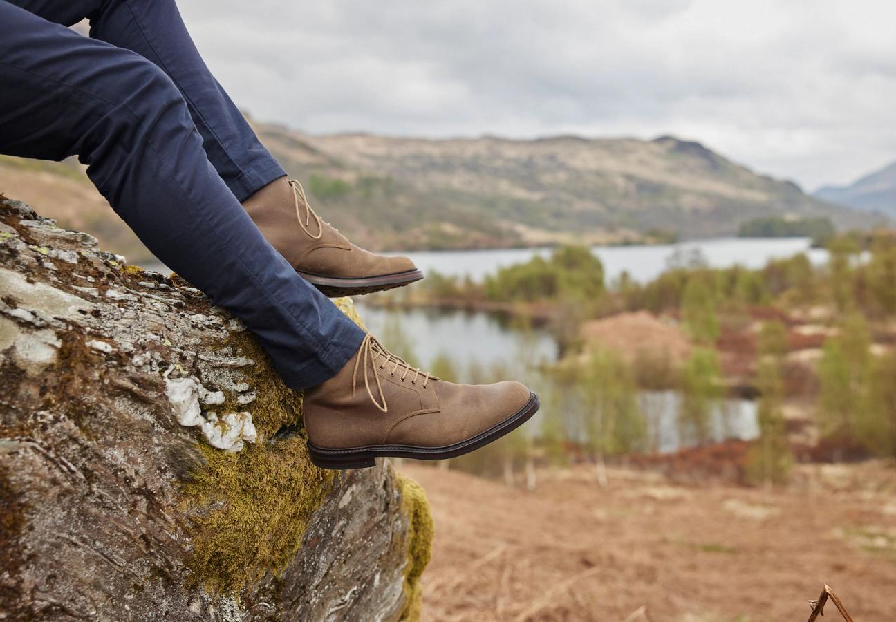 Man wearing Crockett & Jones Kelso shoes in Natural Rough-Out Suede around the Trossachs