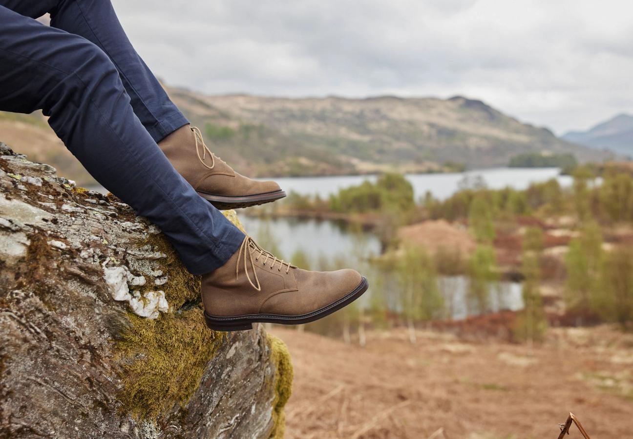 Man wearing Crockett & Jones Kelso shoes in Natural Rough-Out Suede around the Trossachs