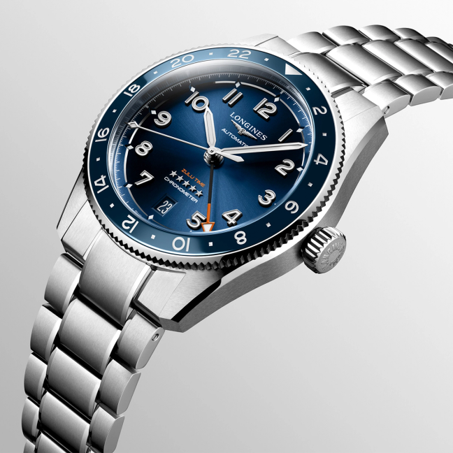 Longines Spirit Zulu Time watch at an angle with stainless steel bracelet