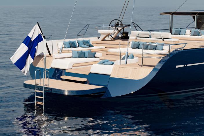 The stern’s opening platform creates a connection with the water at anchor. Rendering.