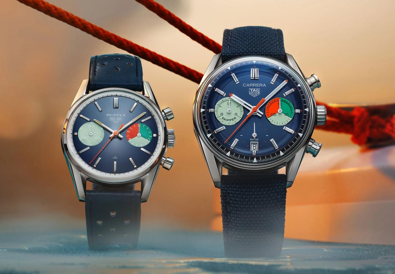 2 watches side by side, The smaller Hodinkee limited-edition Carrera Skipper 39mm retro ‘glassbox’ on the left and the new TAG Heuer Carrera Skipper on the right