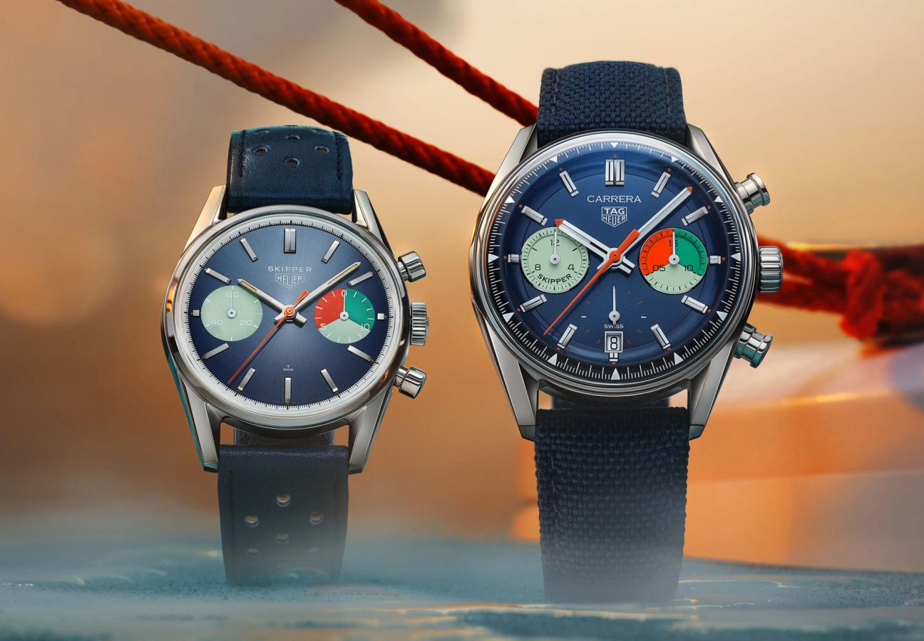 2 watches side by side, The smaller Hodinkee limited-edition Carrera Skipper 39mm retro ‘glassbox’ on the left and the new TAG Heuer Carrera Skipper on the right