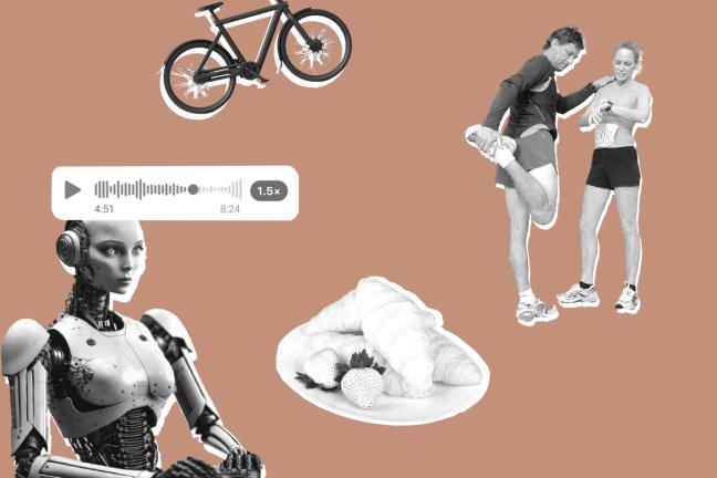 montage including an electric bike, a pair on runners, a voice note graphic, croissants and a female robot