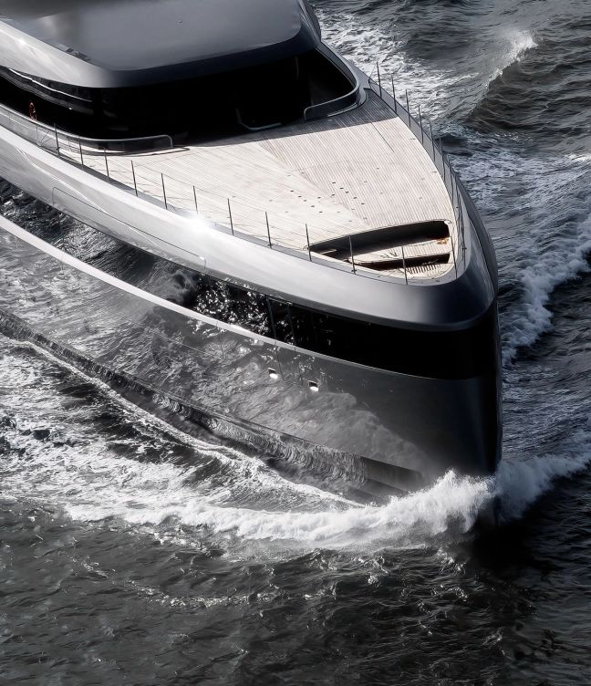 Front shot of Obsidian the biofuel-powered superyacht out on the water