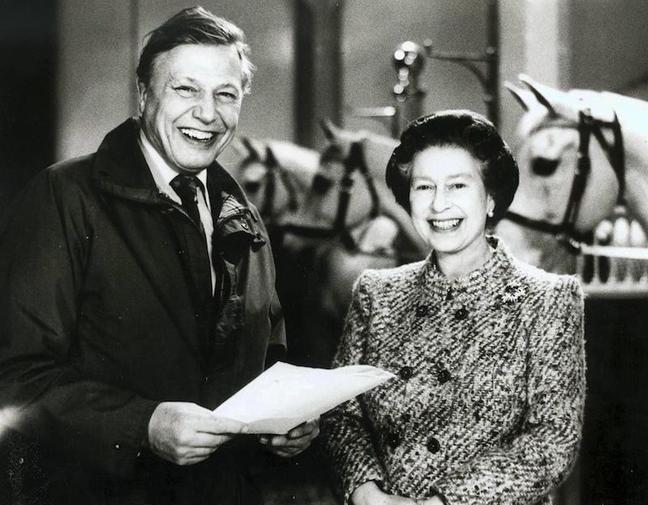 1986 – David Attenborough with HM Queen Elizabeth II during the recording of her Chsitmas message (Press Association)