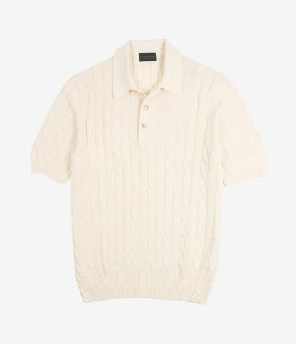Cream Cable Knit Short Sleeve Polo Shirt