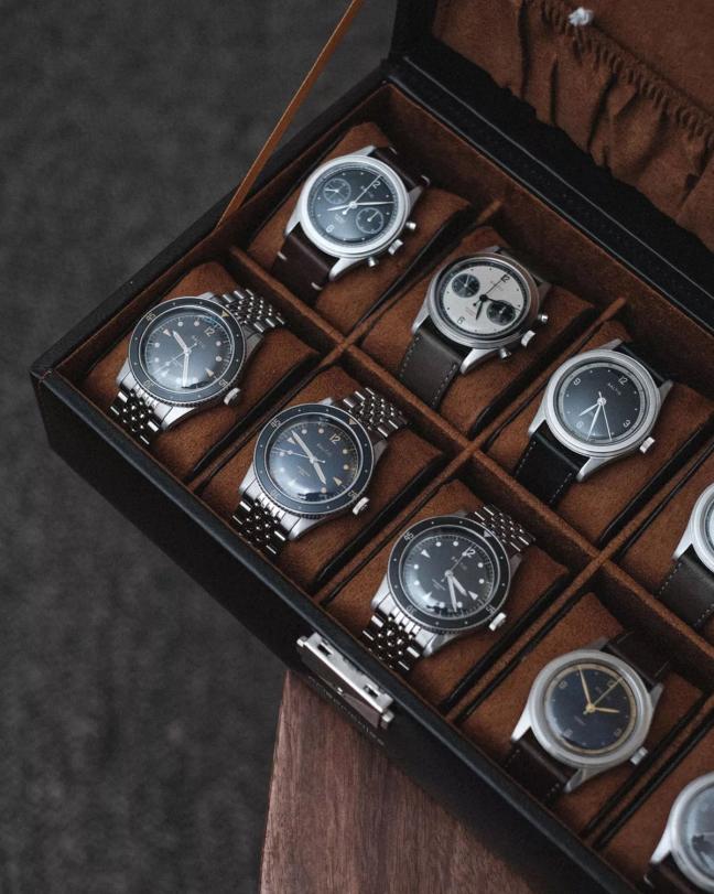 Case of various Baltic, AnOrdain and Studio Underdog watches