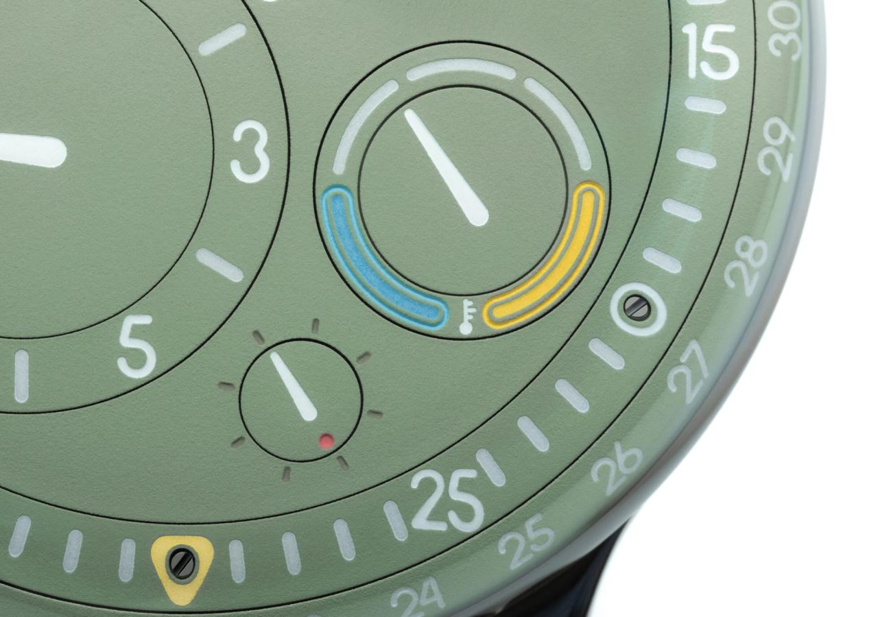 Oil temperature dial on Ressence Type 3 EE in Eucalyptus Green