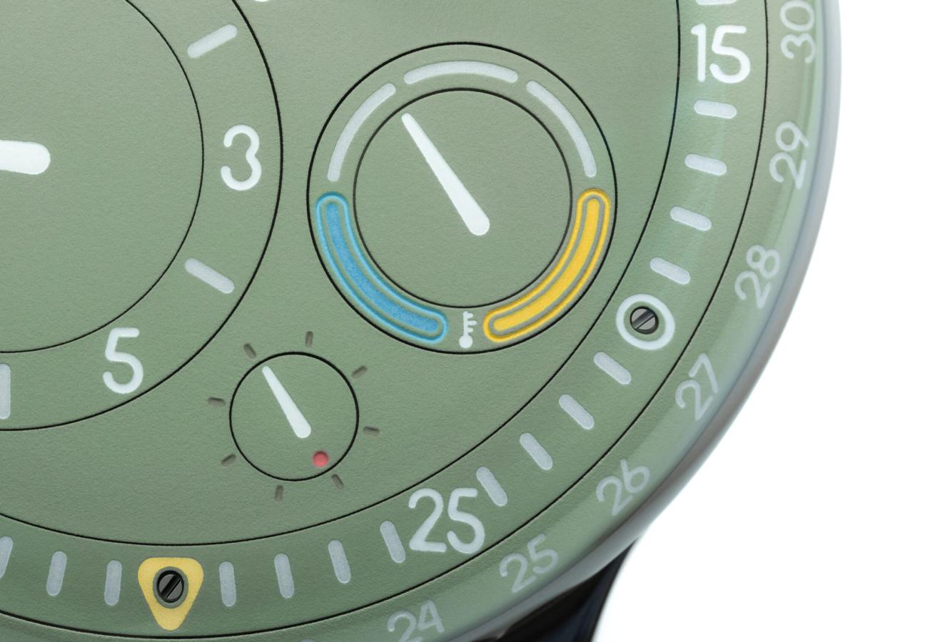 Oil temperature dial on Ressence Type 3 EE in Eucalyptus Green